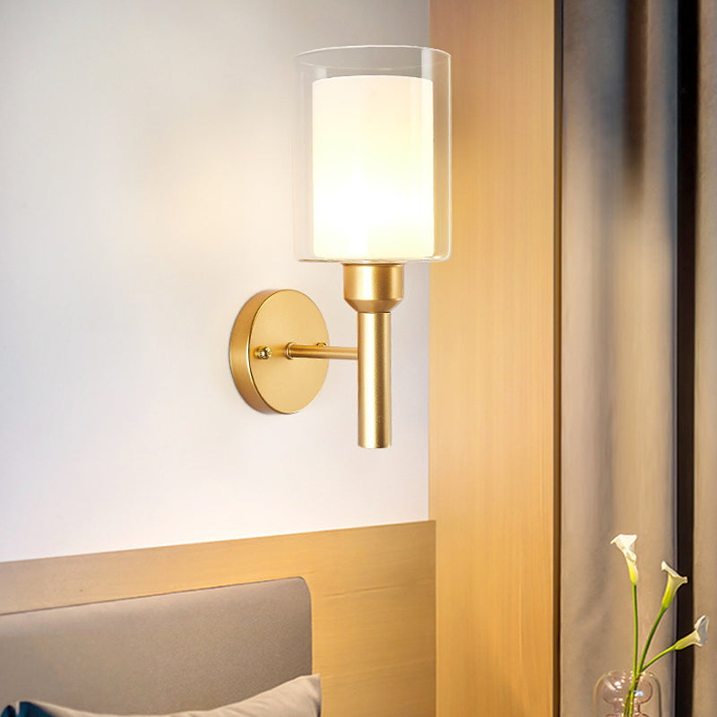 Retro Style Dual Cylinder Wall Light 1 Head Clear and White Glass Wall Sconce Lighting in Gold