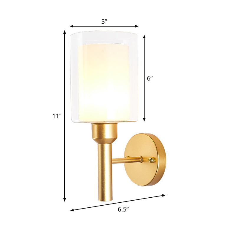 Retro Style Dual Cylinder Wall Light 1 Head Clear and White Glass Wall Sconce Lighting in Gold