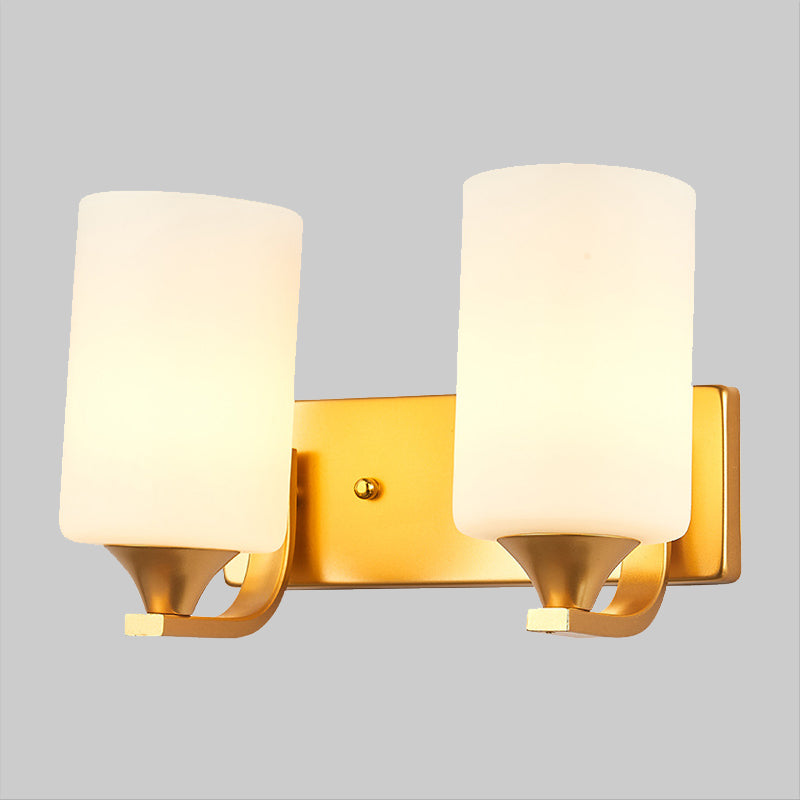2-Bulb Wall Mount Lamp Traditional Cylindrical Milky Glass Wall Lighting Fixture in Gold