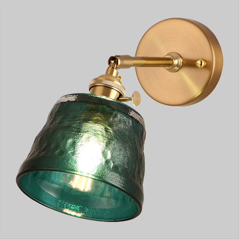 Brass Single Bulb Wall Sconce Antiqued Green Dimpled Glass Conical Adjustable Wall Lighting
