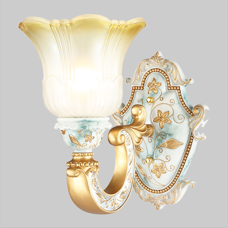 Gold Single Light Wall Lamp Rural Style Opaline Glass Floral Wall Mounted Lighting with Curvy Arm