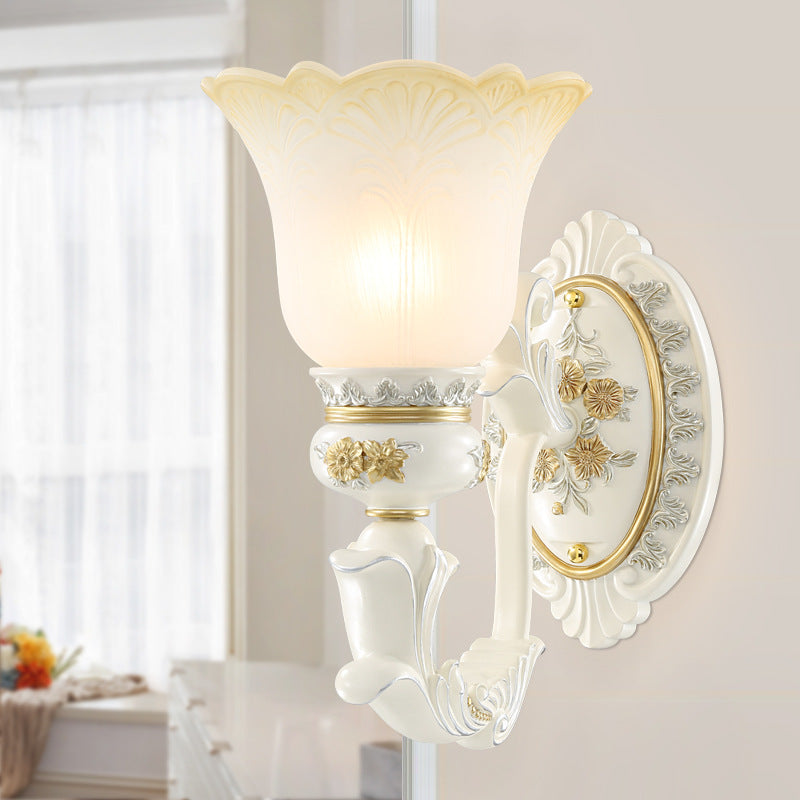 Rustic Blossom Shape Wall Mount Light Single Bulb Frosted Glass Wall Sconce with Carving Design in White