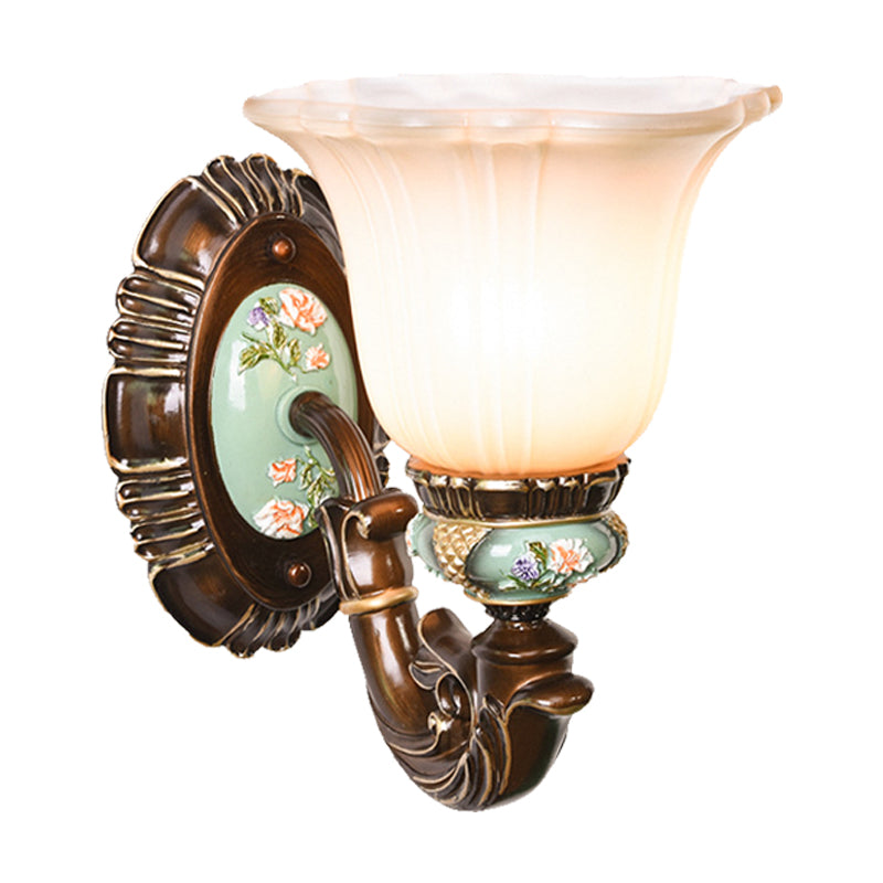 Frosted Glass Brown Wall Light Ridged Bell 1/2-Bulb Rural Wall Sconce Lighting for Guest Room