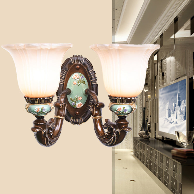 Frosted Glass Brown Wall Light Ridged Bell 1/2-Bulb Rural Wall Sconce Lighting for Guest Room