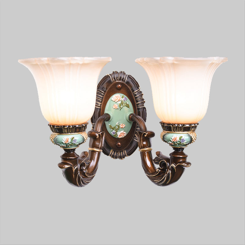 Frosted Glass Brown Wall Light Ridged Bell 1/2-Bulb Rural Wall Sconce Lighting for Guest Room
