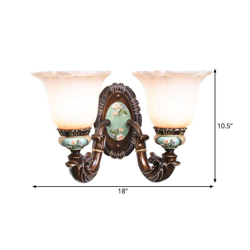 Frosted Glass Brown Wall Light Ridged Bell 1/2-Bulb Rural Wall Sconce Lighting for Guest Room