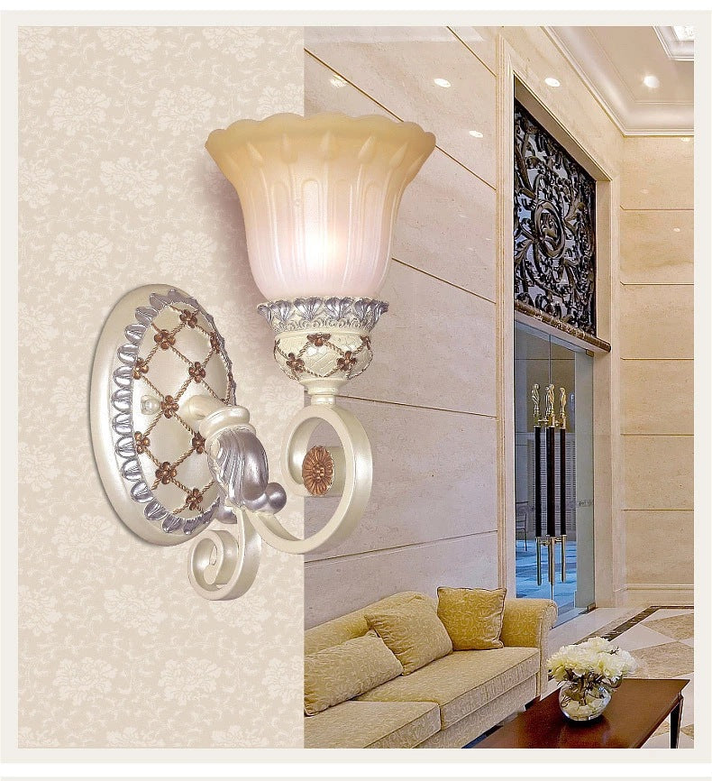 French Country Blossom Wall Sconce 1/2-Light Opaline Glass Wall Lighting Idea with Swirl Arm in Gold