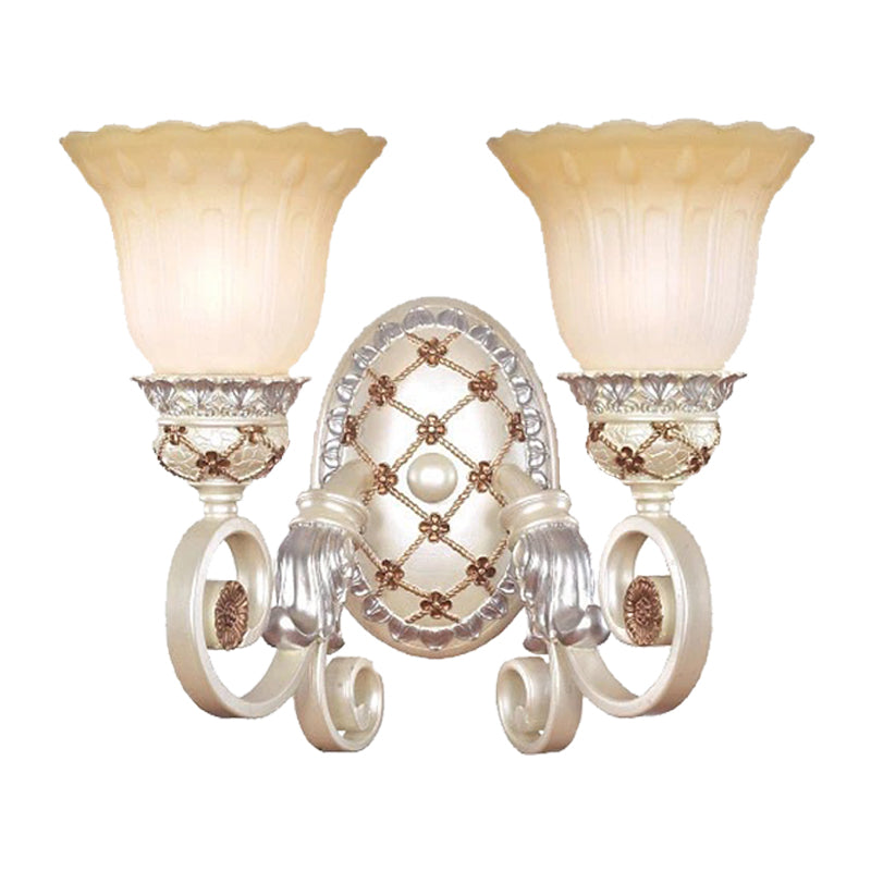 French Country Blossom Wall Sconce 1/2-Light Opaline Glass Wall Lighting Idea with Swirl Arm in Gold
