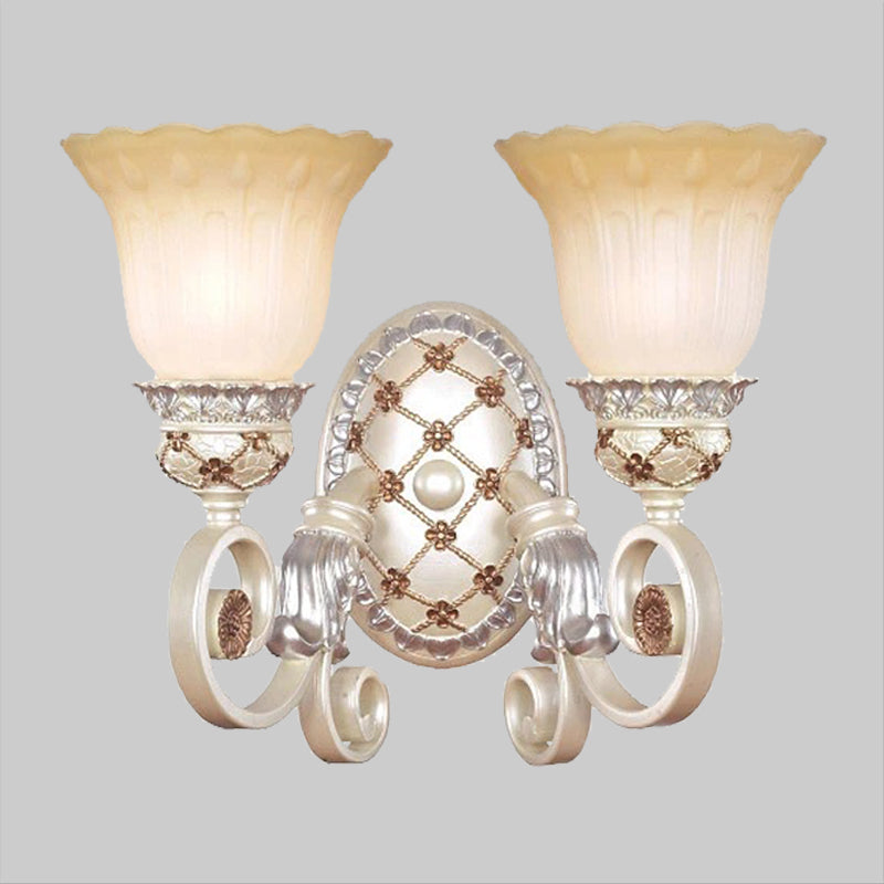 French Country Blossom Wall Sconce 1/2-Light Opaline Glass Wall Lighting Idea with Swirl Arm in Gold