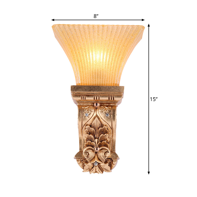 Gold 1-Head Wall Mount Lamp Loft Style Amber Fluted Glass Trapezoid Wall Lighting Fixture