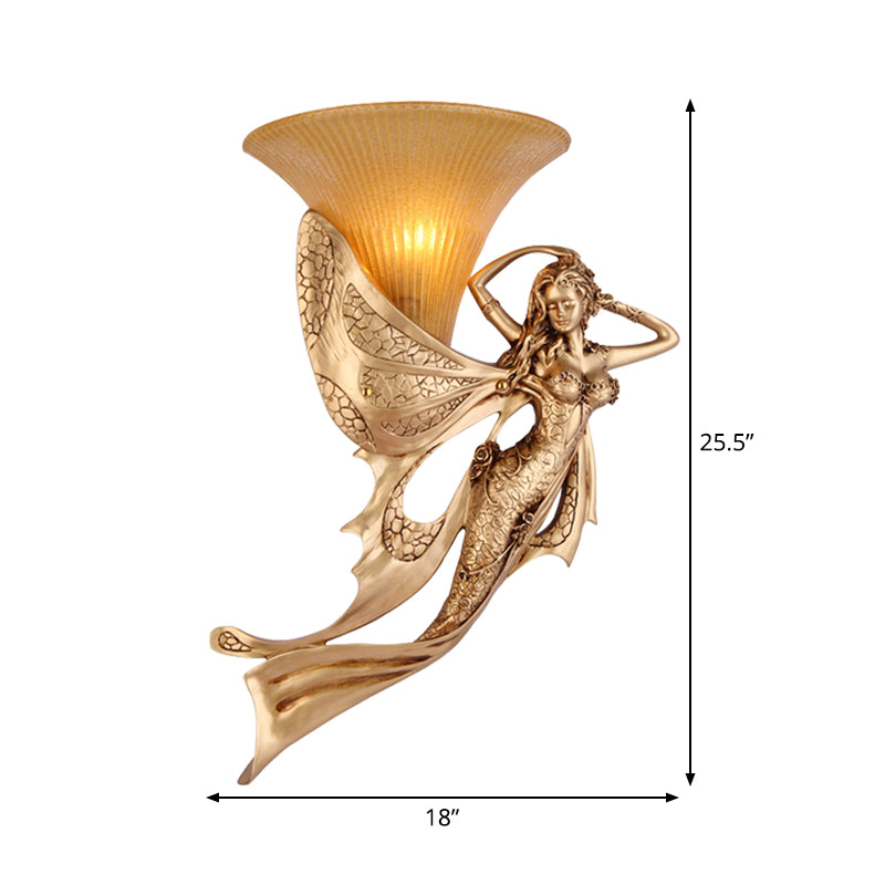 Resin Gold Wall Sconce Mermaid 1-Light Rustic Style Wall Mounted Lamp with Cone Ribbed Glass Shade