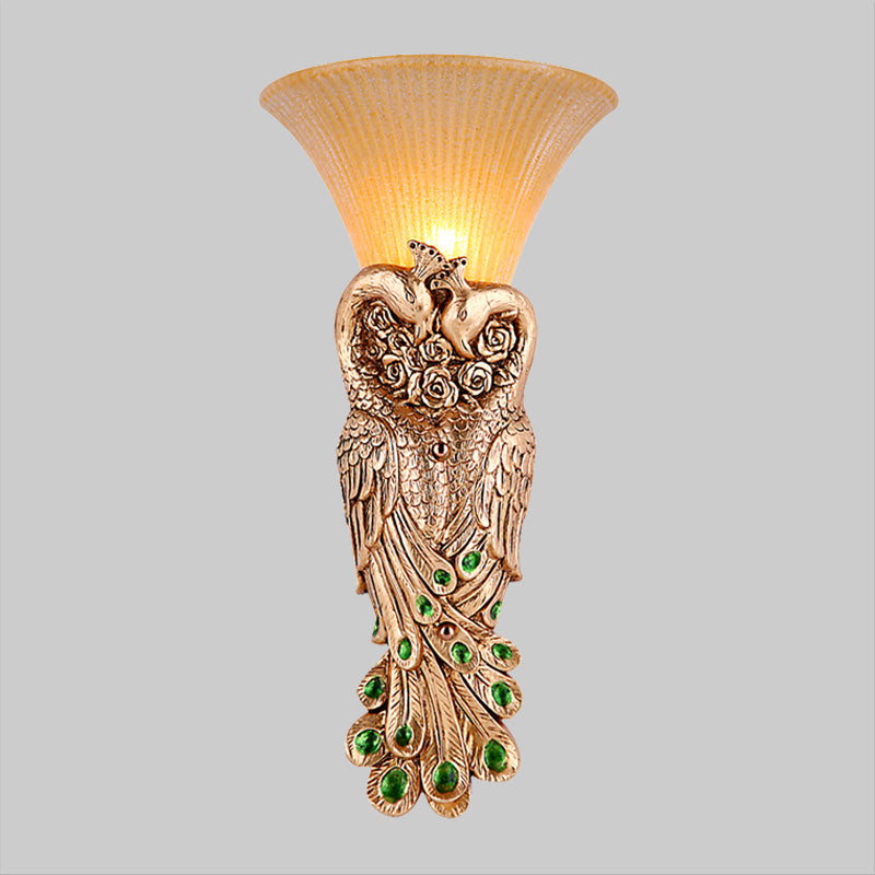 Single Head Wall Sconce Countryside Inverted Cone Amber Fluted Glass Wall Mounted Lamp with Peacock Decor in Gold