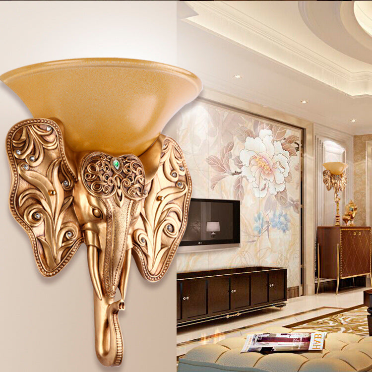 Gold Single Light Wall Lamp Warehouse Amber Glass Wide Bell Wall Lighting Fixture with Elephant Head Design