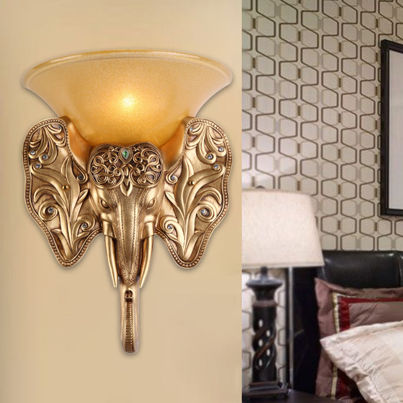 Gold Single Light Wall Lamp Warehouse Amber Glass Wide Bell Wall Lighting Fixture with Elephant Head Design