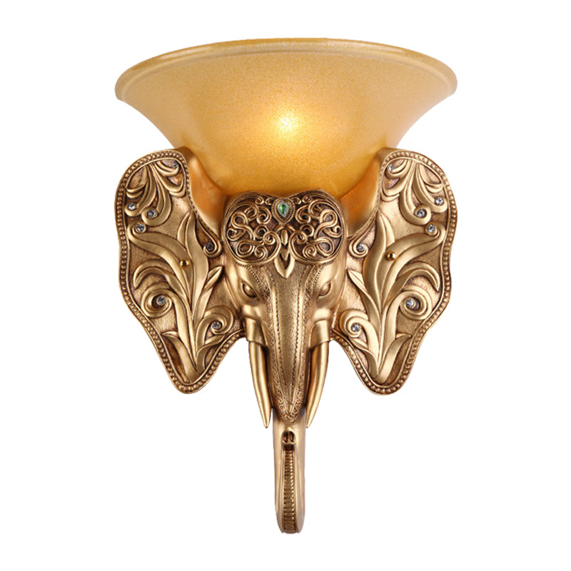 Gold Single Light Wall Lamp Warehouse Amber Glass Wide Bell Wall Lighting Fixture with Elephant Head Design