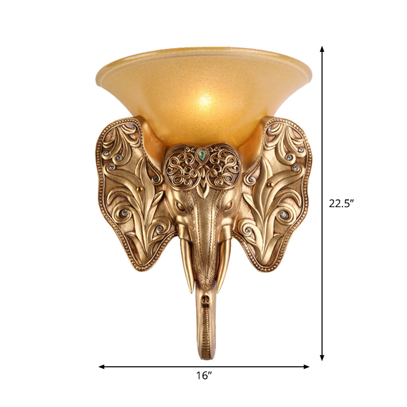 Gold Single Light Wall Lamp Warehouse Amber Glass Wide Bell Wall Lighting Fixture with Elephant Head Design