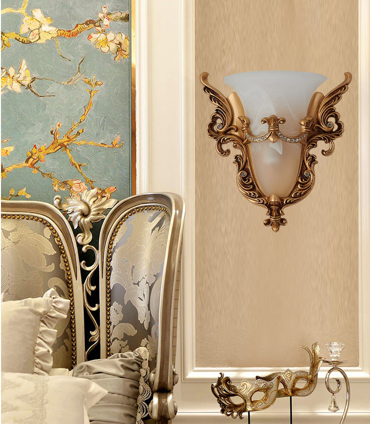 Opal Glass Gold Wall Sconce Elongated Bell 1-Bulb Cottage Wall Mounted Lighting for Living Room