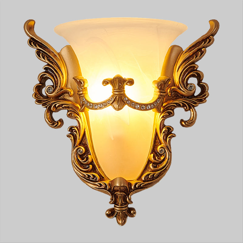 Opal Glass Gold Wall Sconce Elongated Bell 1-Bulb Cottage Wall Mounted Lighting for Living Room