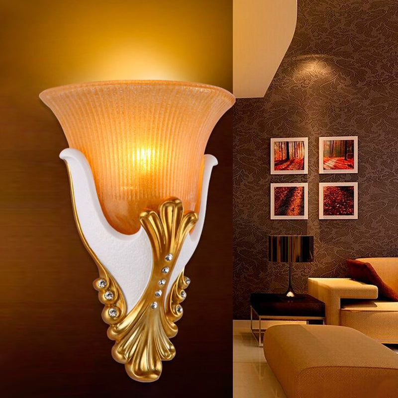 1 Light Wall Sconce Lighting Rural Bell Shape Yellow/White Fluted Glass Wall Mounted Lamp for Bedroom, 9.5"/13" Width