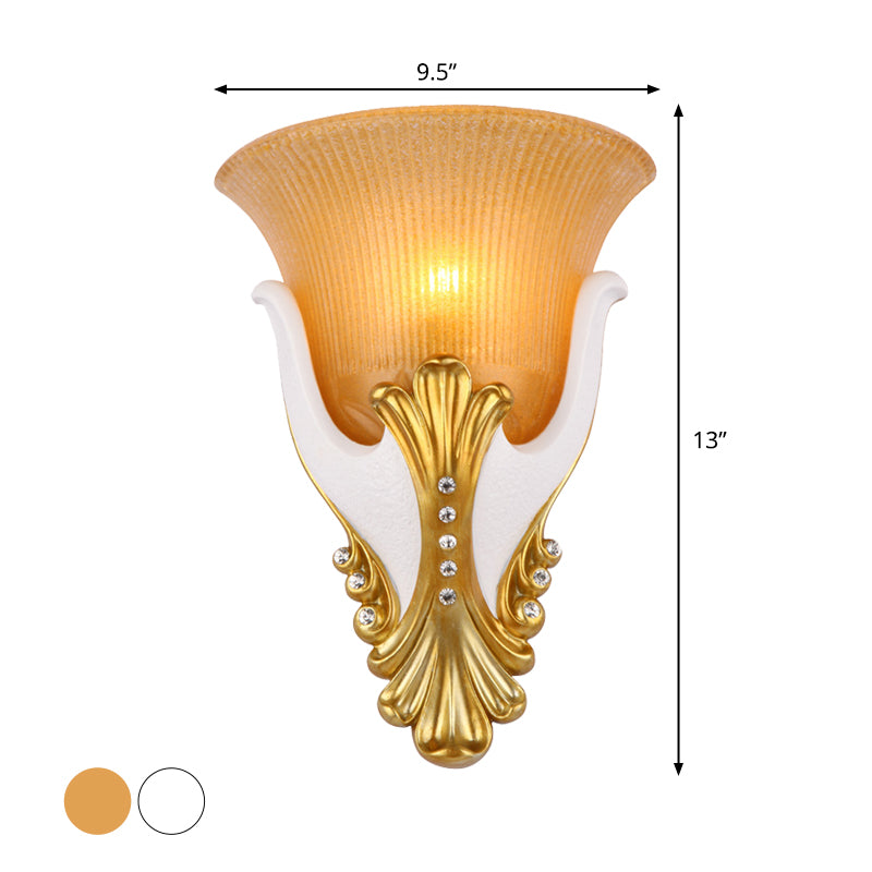 1 Light Wall Sconce Lighting Rural Bell Shape Yellow/White Fluted Glass Wall Mounted Lamp for Bedroom, 9.5"/13" Width