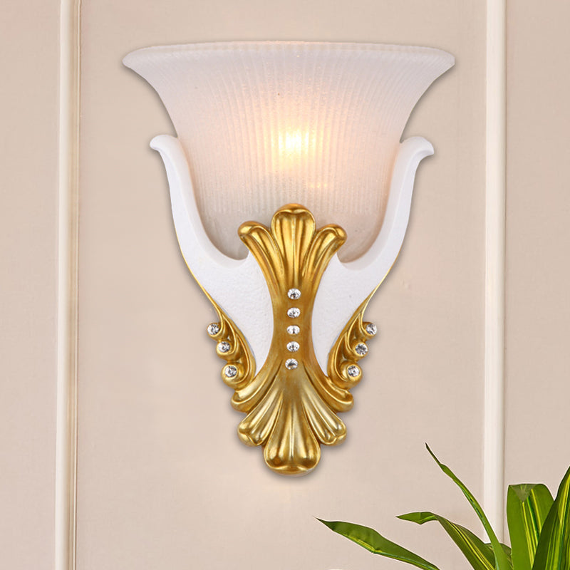 1 Light Wall Sconce Lighting Rural Bell Shape Yellow/White Fluted Glass Wall Mounted Lamp for Bedroom, 9.5"/13" Width