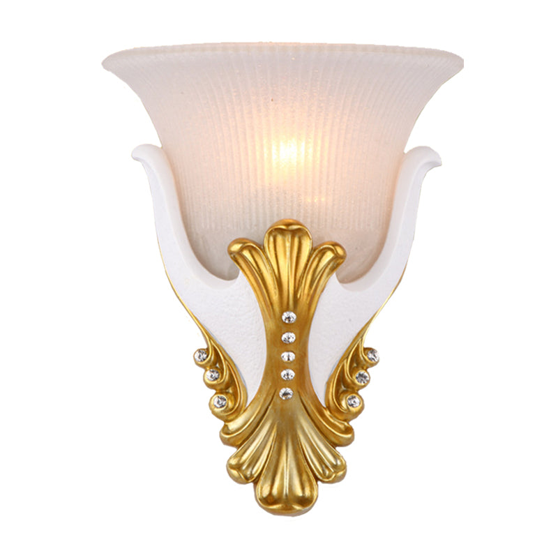 1 Light Wall Sconce Lighting Rural Bell Shape Yellow/White Fluted Glass Wall Mounted Lamp for Bedroom, 9.5"/13" Width