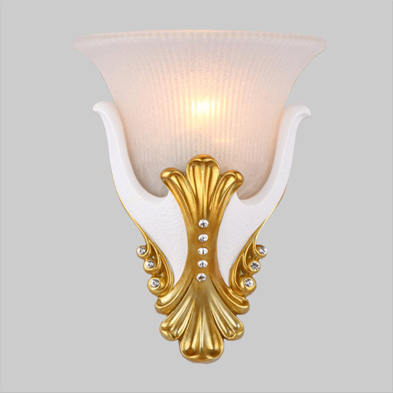 1 Light Wall Sconce Lighting Rural Bell Shape Yellow/White Fluted Glass Wall Mounted Lamp for Bedroom, 9.5"/13" Width
