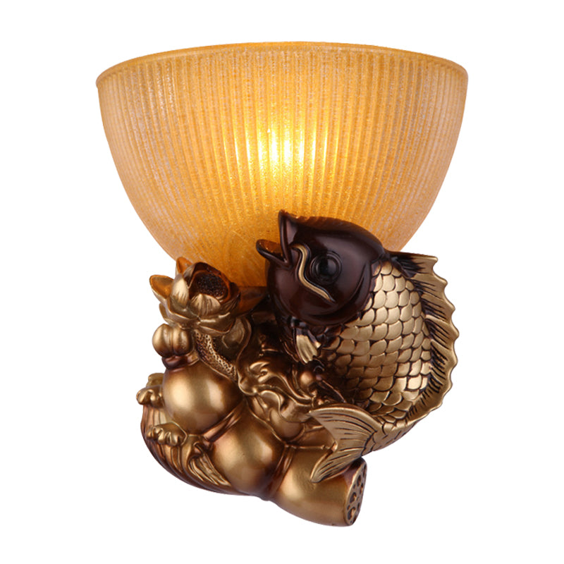 Tazón lámpara de pared de la cama estilo rústico vidrio ámbar 1 cabeza de oro Idea de iluminación de pared con pescado y decoración de loto