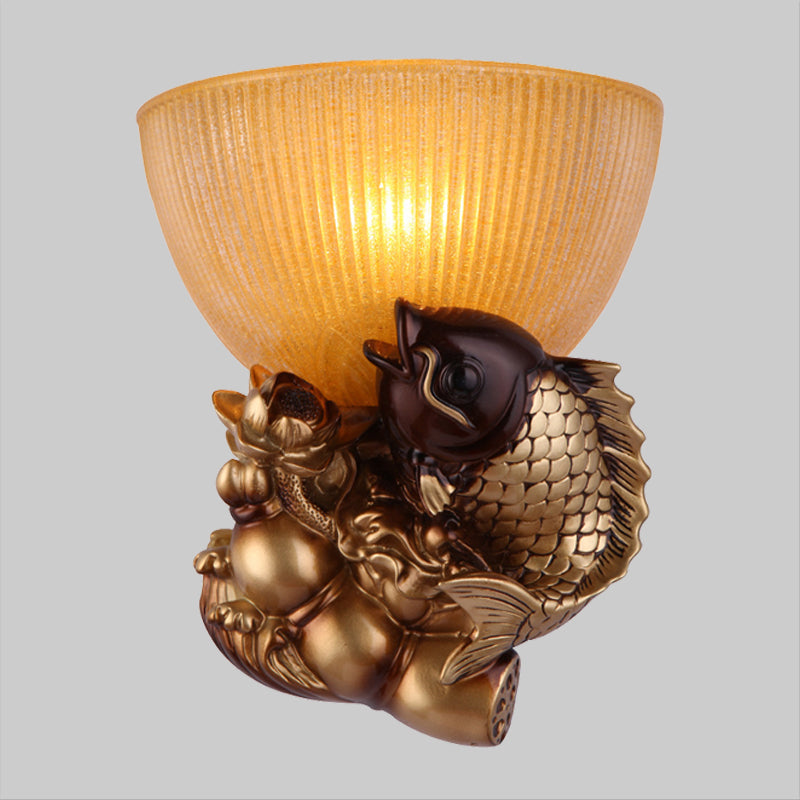 Tazón lámpara de pared de la cama estilo rústico vidrio ámbar 1 cabeza de oro Idea de iluminación de pared con pescado y decoración de loto