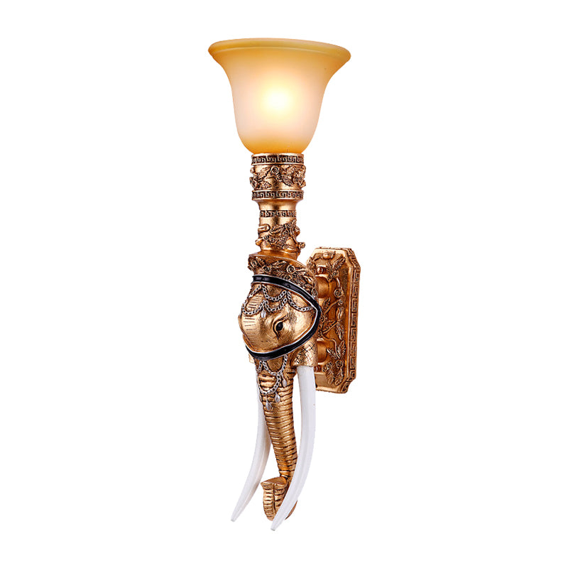 Gold 1 Bulbe Light Light Traditional Resin Elephant Head Murd Murd Murd With Bell Grosted Glass Shade