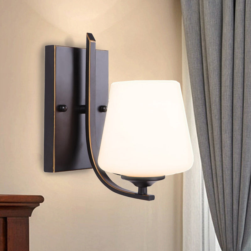 White Glass Black Sconce Lamp Cup-Like Single Bulb Retro Style Wall Mounted Lighting with Rectangle Metal Backplate