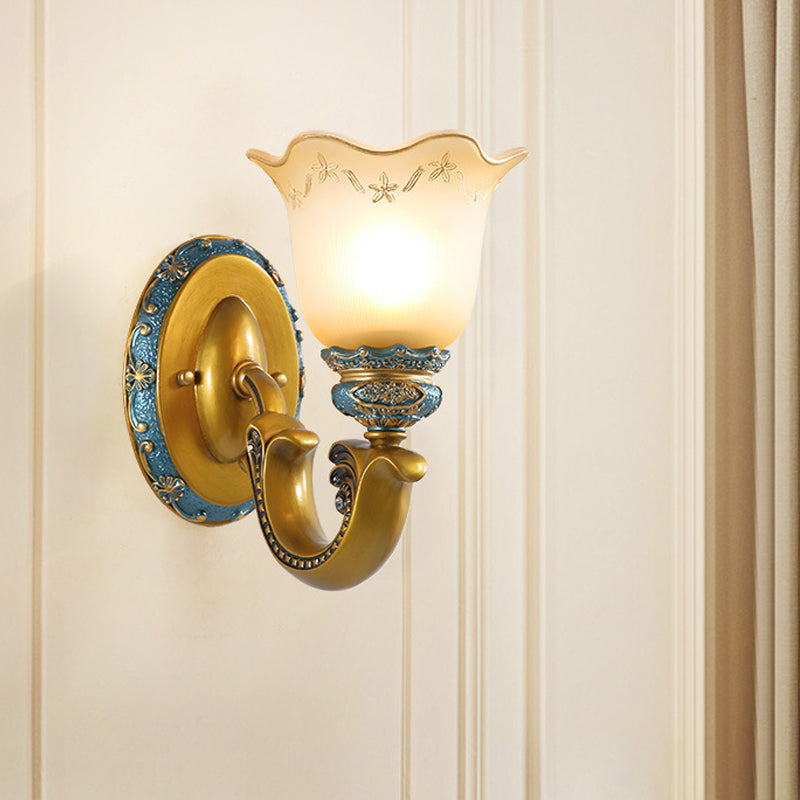 Frosted Glass Gold Wall Lamp Printed Flower 1-Bulb Warehouse Wall Mounted Lighting for Corridor