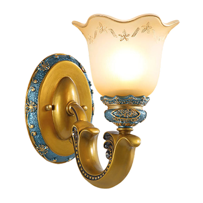 Frosted Glass Gold Wall Lamp Printed Flower 1-Bulb Warehouse Wall Mounted Lighting for Corridor