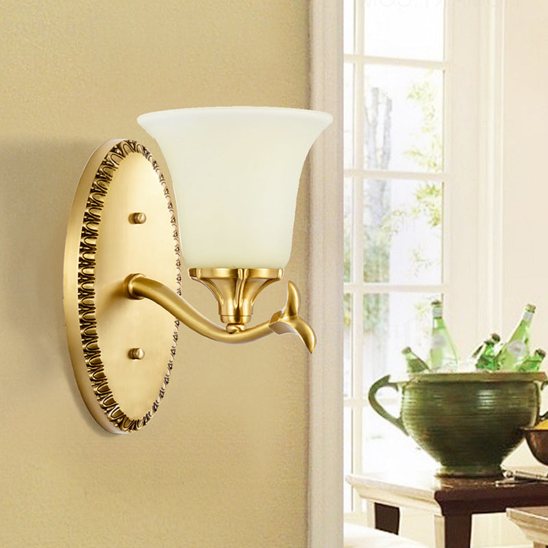 Countryside Bell Wall Lighting 1/2-Light Cream Glass Wall Mounted Lamp with Oval Backplate in Brass