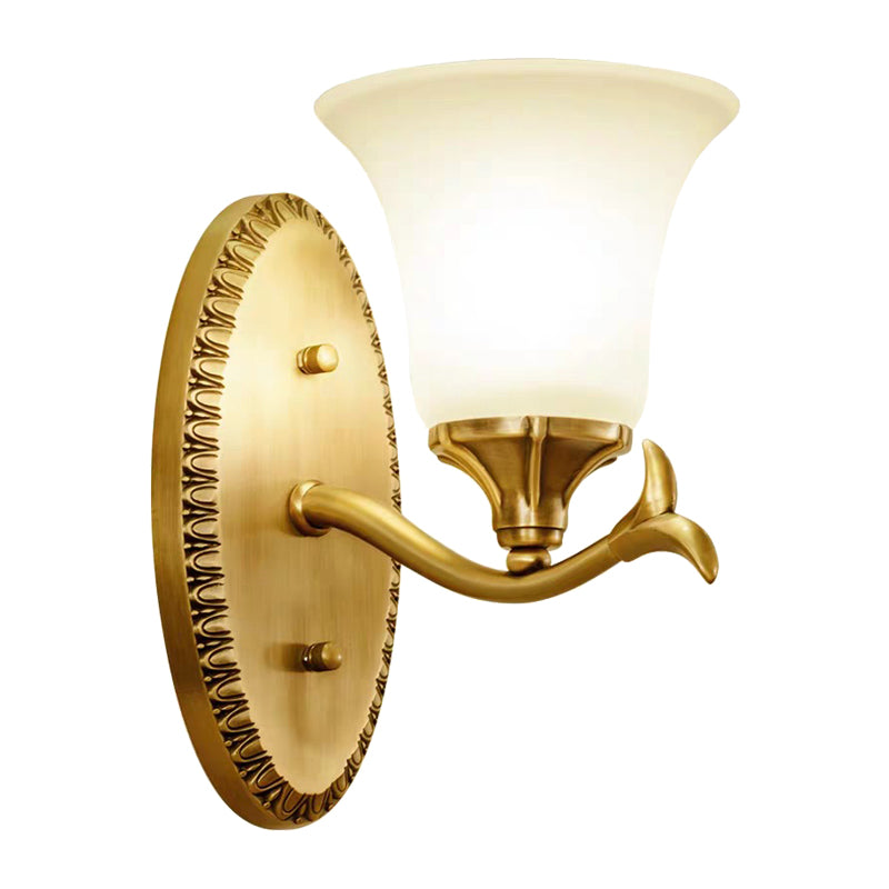 Countryside Bell Wall Lighting 1/2-Light Cream Glass Wall Mounted Lamp with Oval Backplate in Brass