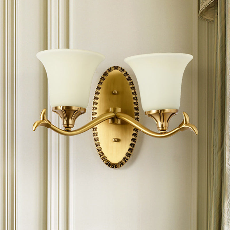 Countryside Bell Wall Lighting 1/2-Light Cream Glass Wall Mounted Lamp with Oval Backplate in Brass