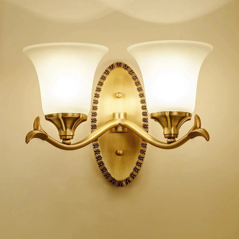 Countryside Bell Wall Lighting 1/2-Light Cream Glass Wall Mounted Lamp with Oval Backplate in Brass