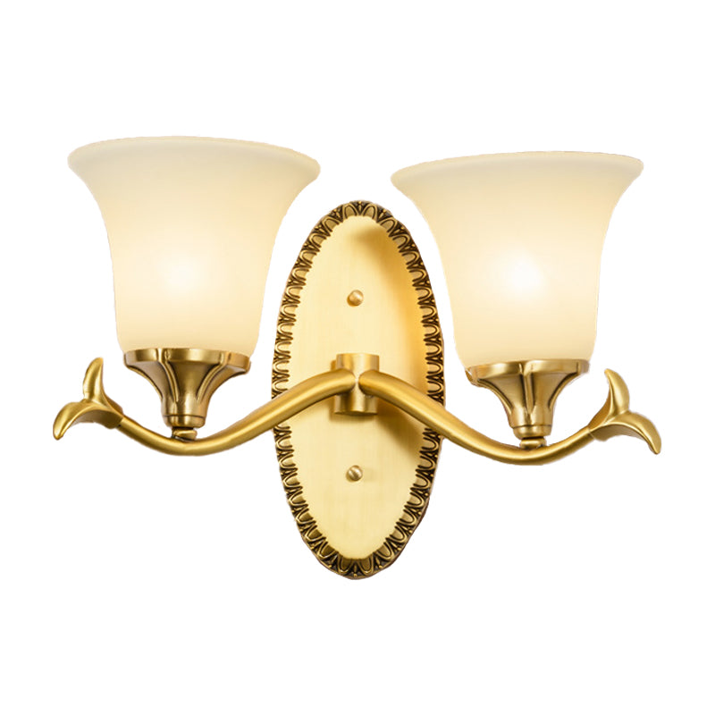 Countryside Bell Wall Lighting 1/2-Light Cream Glass Wall Mounted Lamp with Oval Backplate in Brass