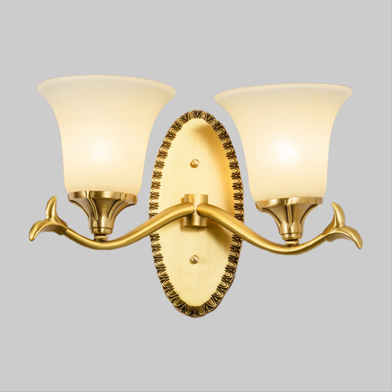 Countryside Bell Wall Lighting 1/2-Light Cream Glass Wall Mounted Lamp with Oval Backplate in Brass