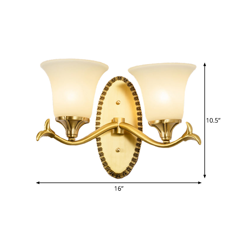 Countryside Bell Wall Lighting 1/2-Light Cream Glass Wall Mounted Lamp with Oval Backplate in Brass