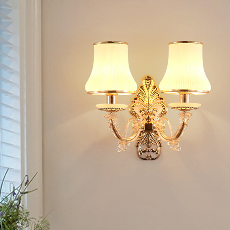 2 Heads Tapered Sconce Light Rural Gold Milky Glass Wall Mounted Lighting with Crystal Ball Droplet