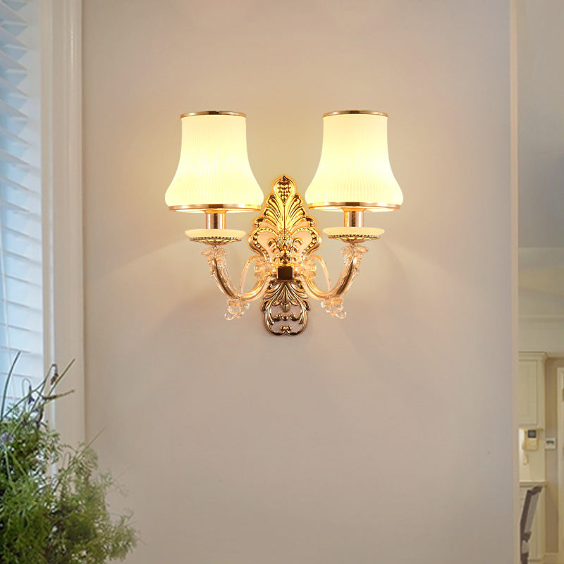 2 Heads Tapered Sconce Light Rural Gold Milky Glass Wall Mounted Lighting with Crystal Ball Droplet
