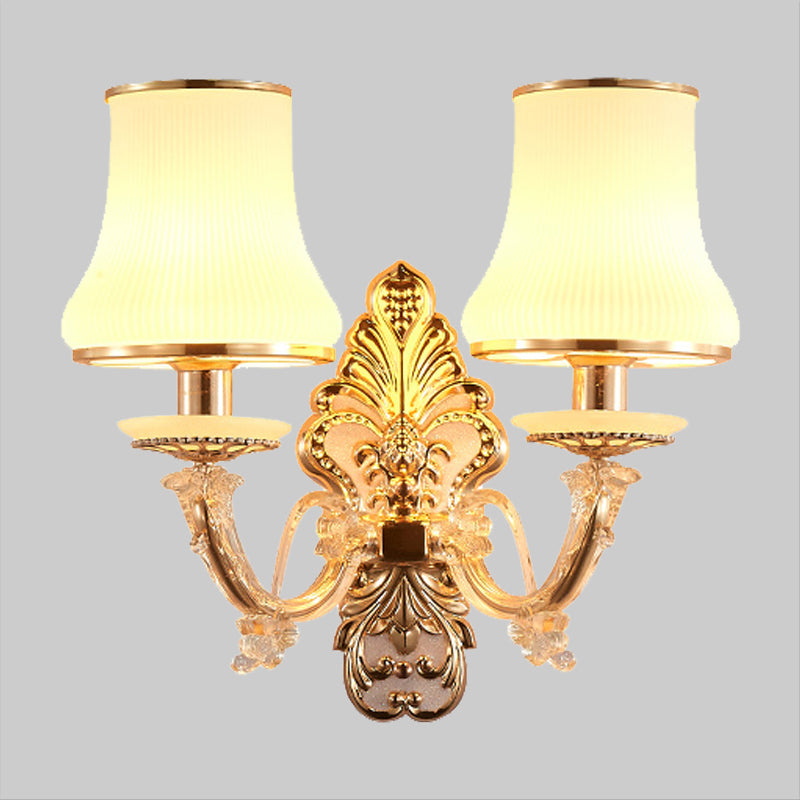2 Heads Tapered Sconce Light Rural Gold Milky Glass Wall Mounted Lighting with Crystal Ball Droplet