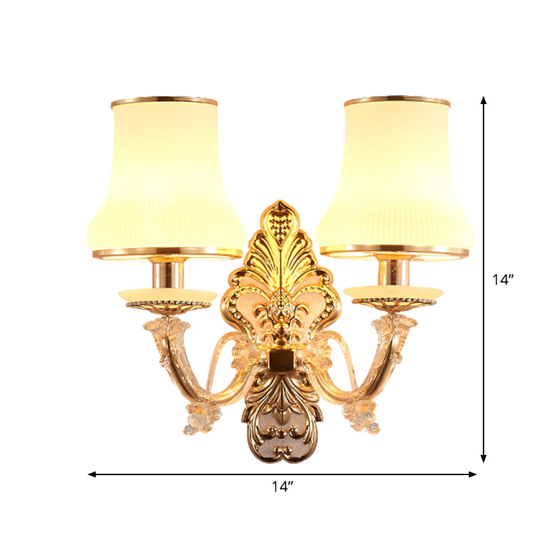 2 Heads Tapered Sconce Light Rural Gold Milky Glass Wall Mounted Lighting with Crystal Ball Droplet