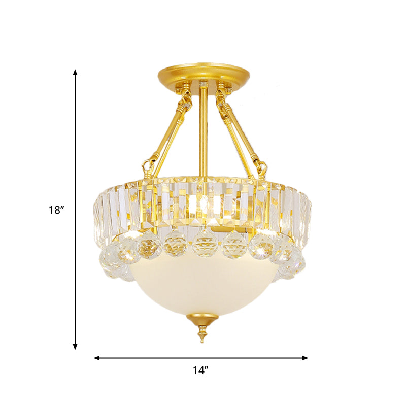 Gold Dome Semi Flush Chandelier Modern 3 Heads Frosted Glass Ceiling Lighting with Crystal Ball Deco