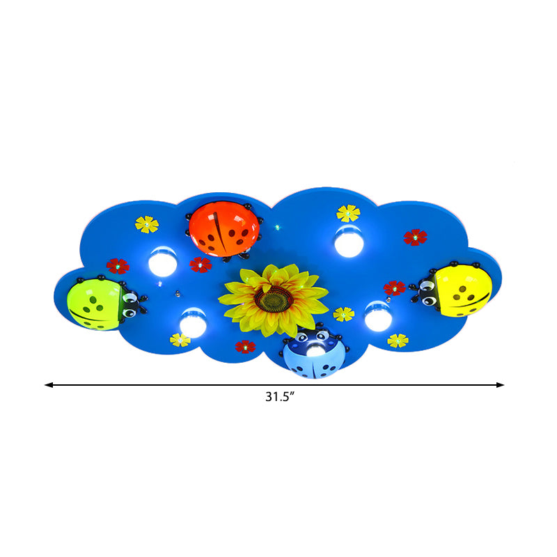 Kinderwolk inbouwlamp met lieveheersbeestje en zonnebloem houten plafondlamp in blauw voor de kleuterschool