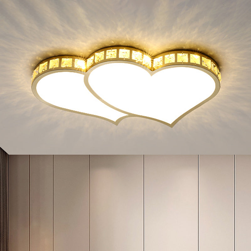 Loving Heart Beveled Crystal Flush Lamp Modernist LED Gold Ceiling Mounted Fixture in Warm/White Light