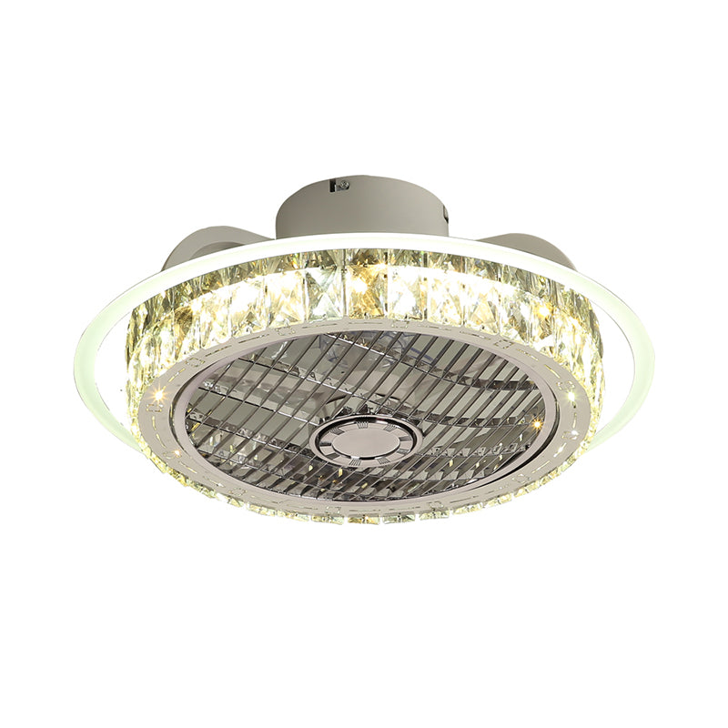 Chrome LED Round Semi Mount Lighting Minimalist Crystal Block Pendant Fan Lamp Fixture, 23.5" Wide