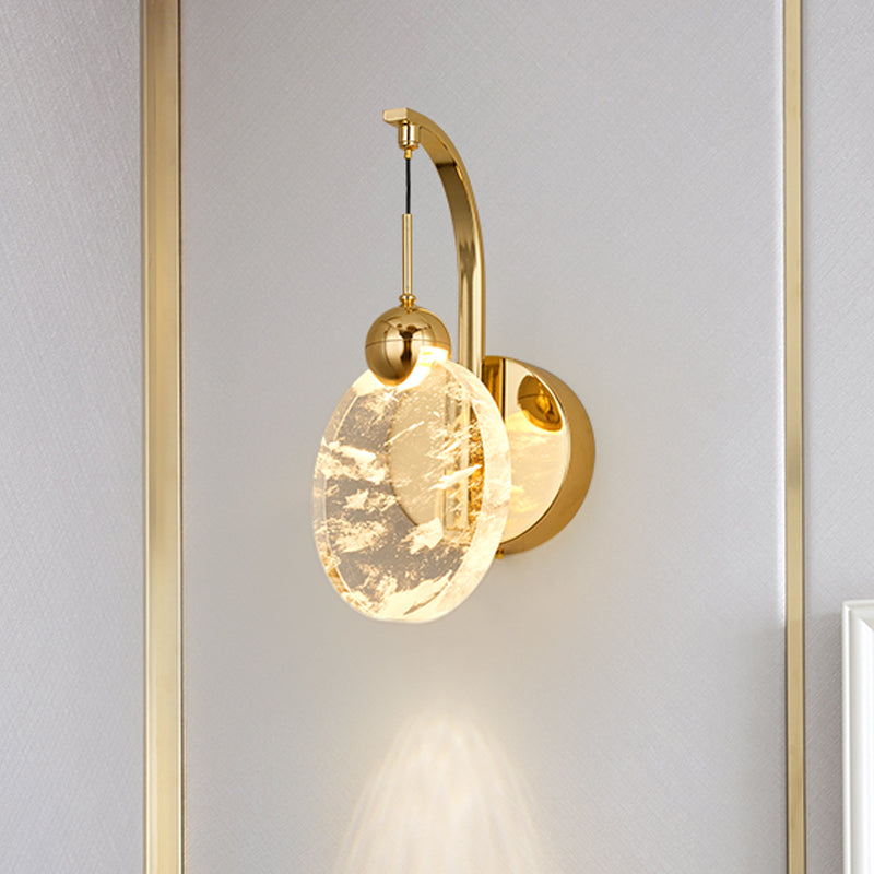 Round Corridor Wall Lighting Clear Crystal LED Minimalism Wall Mounted Light with Bent Arm in Gold