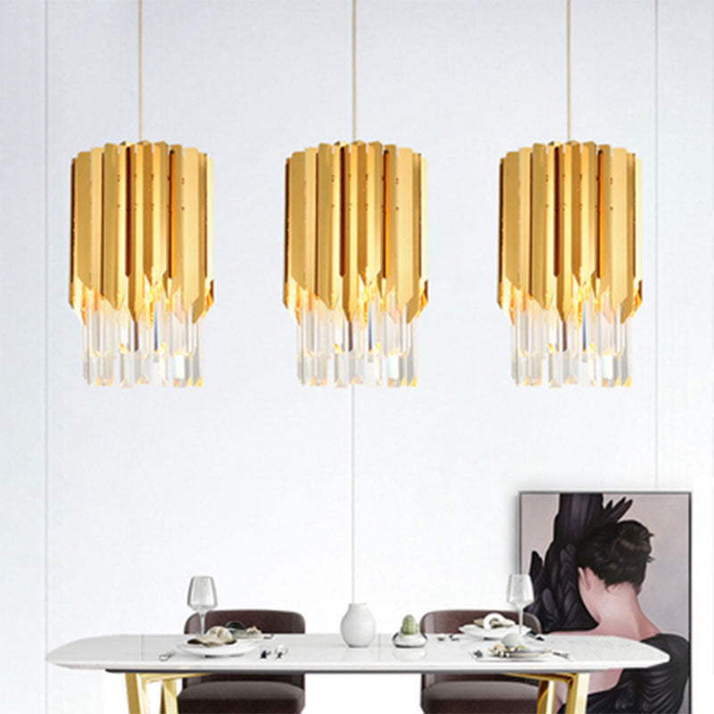 Cylindrical Ceiling Lamp Minimalist Crystal Prisms 1 Light Restaurant Suspension Pendant in Gold
